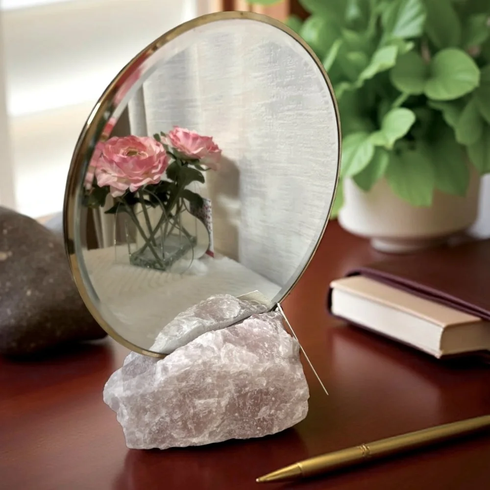 Source and Co. NWT Stunning Genuine Rose Quartz with Round Brass Mounted Mirror - Picture 1 of 10